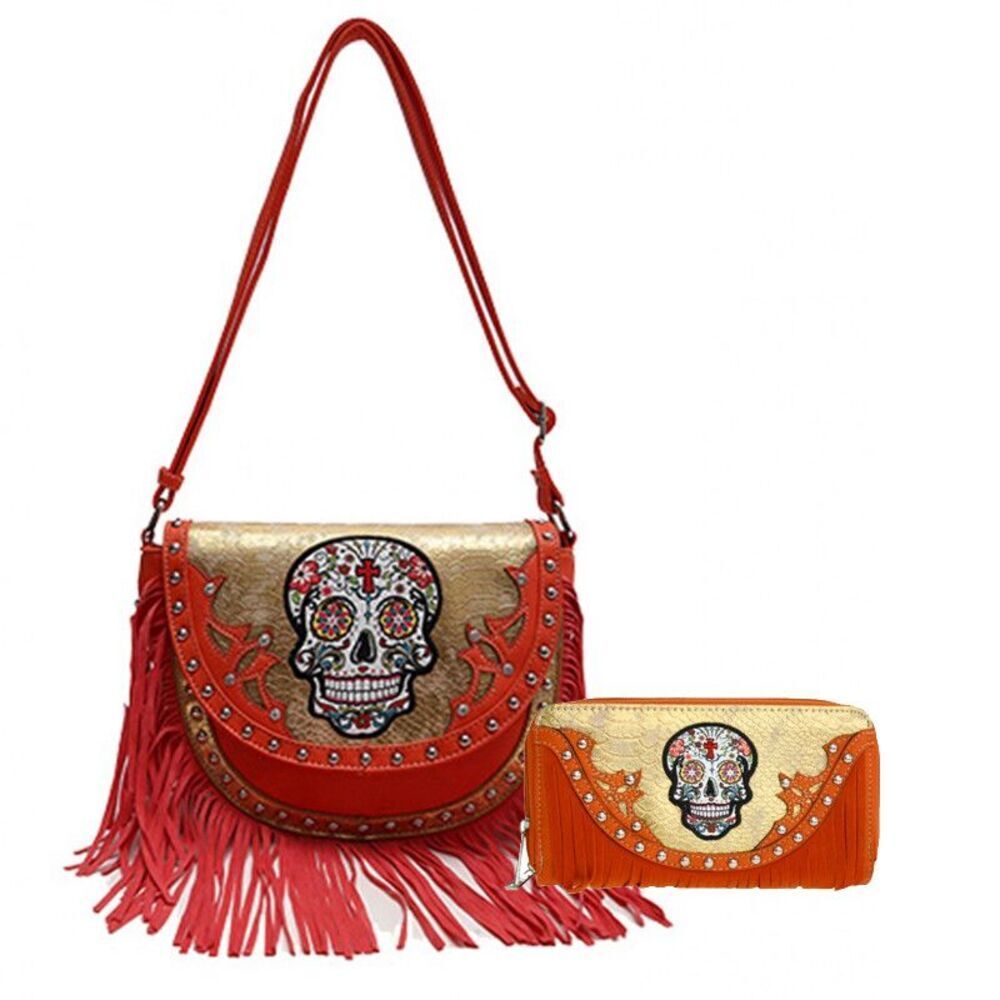Coral Western Skull Messenger Bag Top Punk Casual Shoulder Bags With Wallet